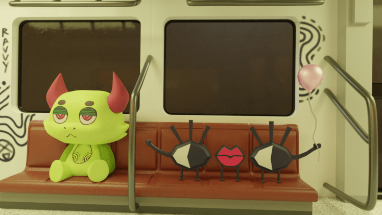 Two characters on subway facing forward, one monster and one eyeball creature